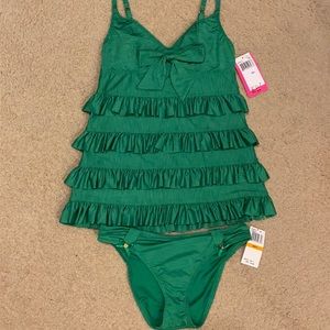 Betsey Johnson Layer Cake Ruffle Green Tankini NWT